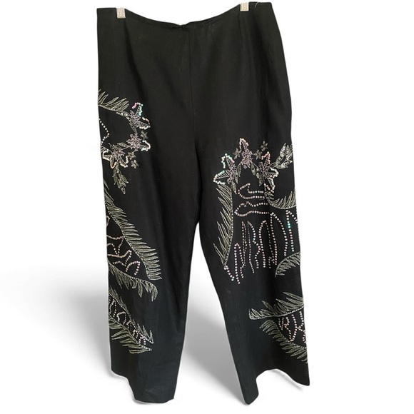 Nikki Valentine Irish Linen Black Sequin Embroidered Wide-Leg Crop Pants Size 10 - Picture 2 of 12